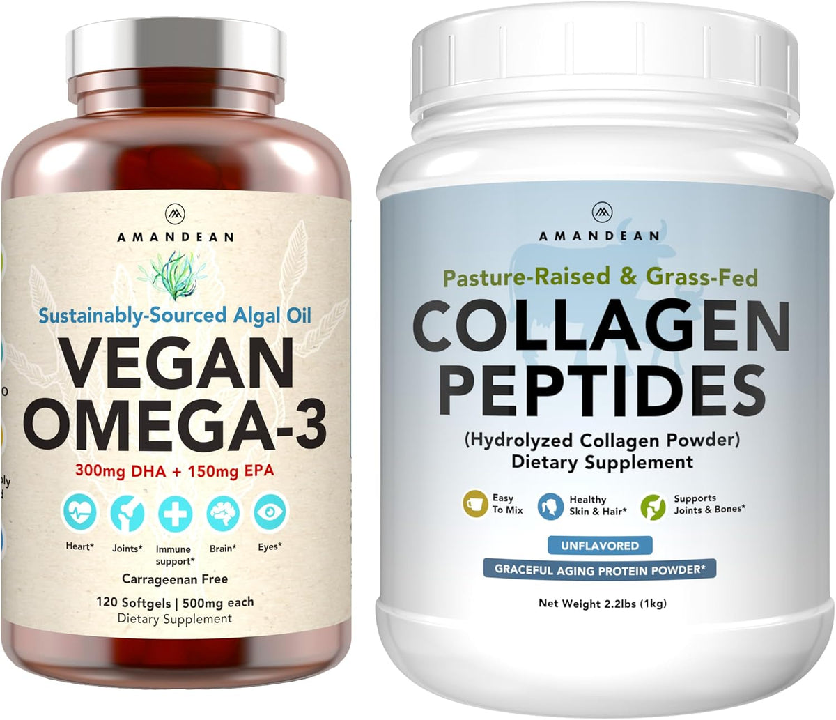 Healthy Skin & Joints Bundle - Premium Vegan Omega-3 (120 Capsules) from Marine Algae + Grass-Fed Collagen Peptides Powder (1kg - 100 Servings) Non-GMO. Radiant Skin, Joints, Bones & Graceful Aging