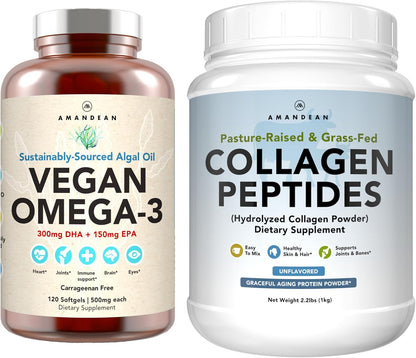 Healthy Skin & Joints Bundle - Premium Vegan Omega-3 (120 Capsules) from Marine Algae + Grass-Fed Collagen Peptides Powder (1kg - 100 Servings) Non-GMO. Radiant Skin, Joints, Bones & Graceful Aging