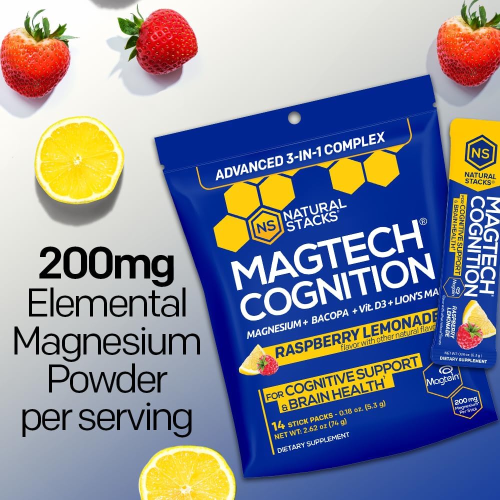 MagTech Magnesium Cognition Powder with Lions Mane and Bacopa, 14 Servings | Magtein L-Threonate, Glycinate and Taurate blend supports focus, mental clarity and brain health. Mix into water daily.