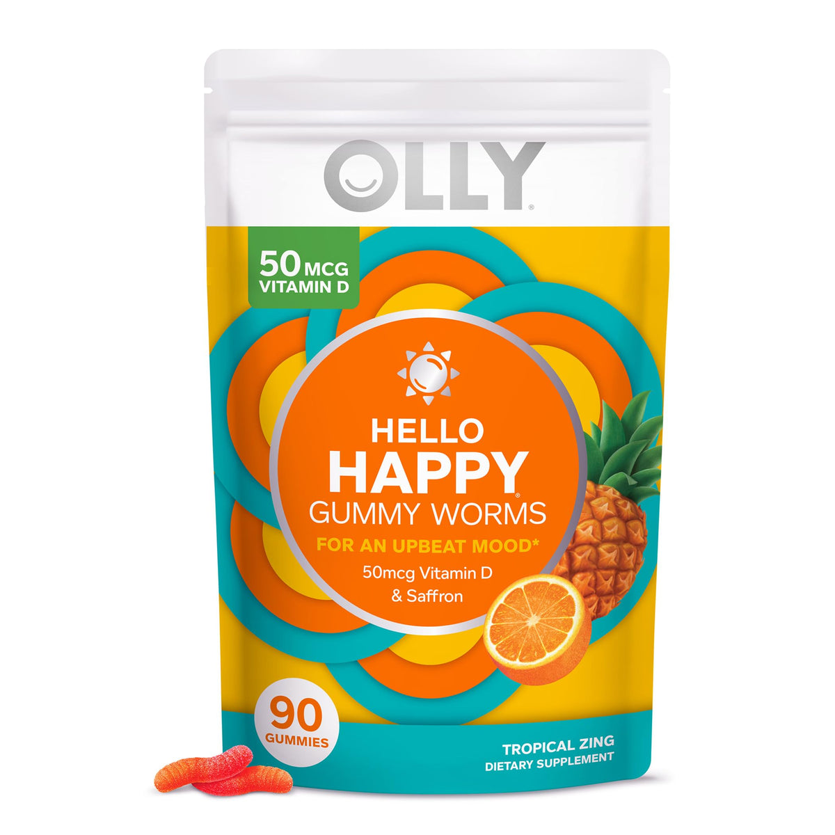 OLLY Hello Happy Gummy Worms, Mood Balance Support, Vitamin D, Saffron, Adult Chewa