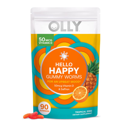 OLLY Hello Happy Gummy Worms, Mood Balance Support, Vitamin D, Saffron, Adult Chewa