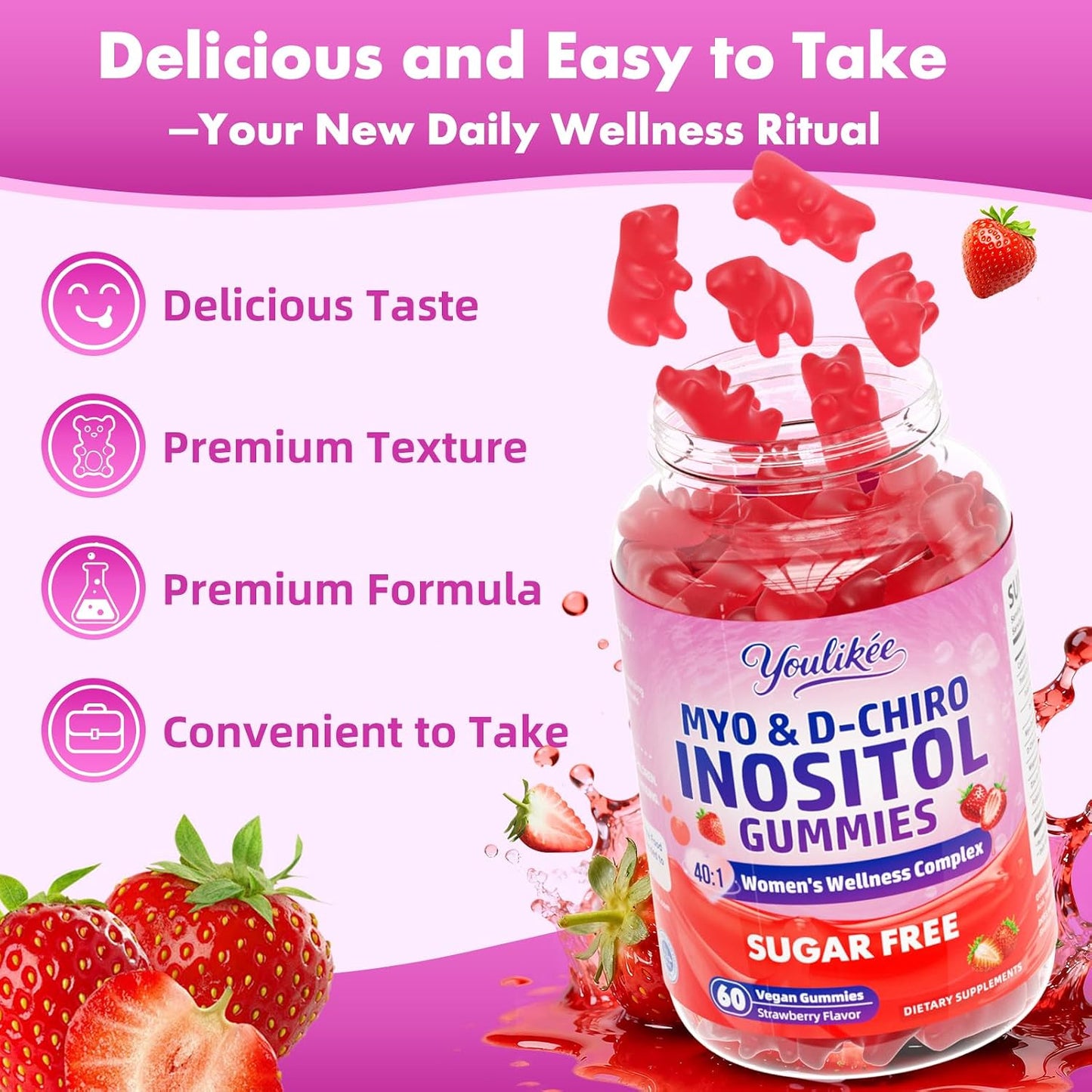 Myo-Inositol & D-Chiro Inositol Gummies for Women, Sugar-Free, 60 Count | Ideal 40:1 Ratio with Vitamin D3, Folate, Magnesium and Zinc - Support Female Health & Wellness, Strawberry Flavor