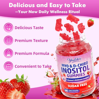 Myo-Inositol & D-Chiro Inositol Gummies for Women, Sugar-Free, 60 Count | Ideal 40:1 Ratio with Vitamin D3, Folate, Magnesium and Zinc - Support Female Health & Wellness, Strawberry Flavor