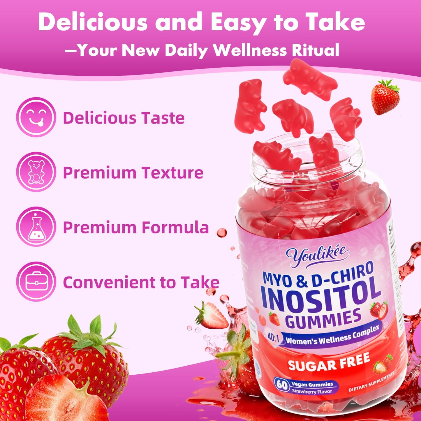 Myo-Inositol & D-Chiro Inositol Gummies for Women, Sugar-Free, 60 Count | Ideal 40:1 Ratio with Vitamin D3, Folate, Magnesium and Zinc - Support Female Health & Wellness, Strawberry Flavor