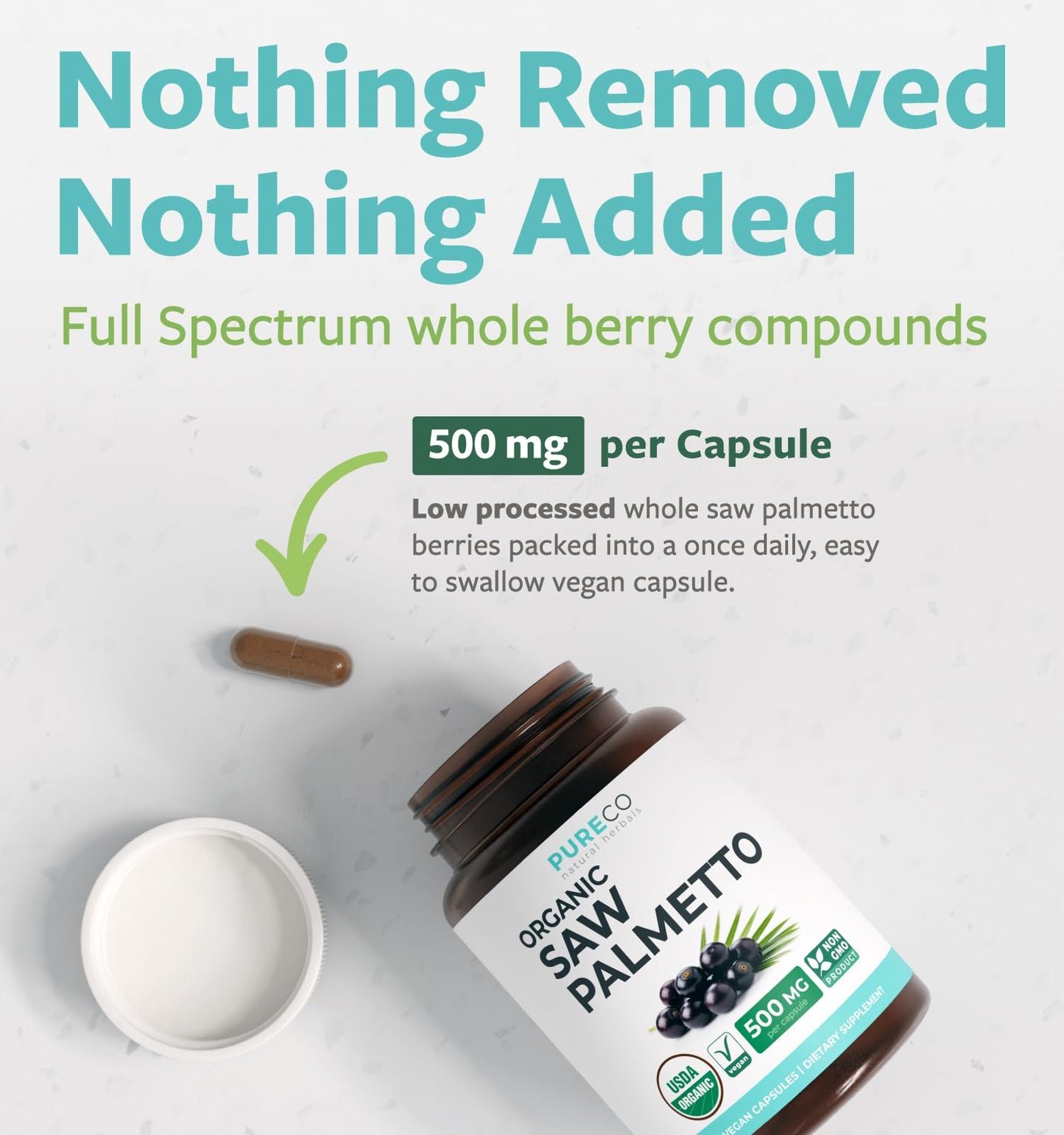 PURE CO USDA Organic Saw Palmetto Supplement - Organic Saw Palmetto for Women & Men's Urinary Tract Prostate & DHT Blocker for Women - Whole Berries - Vegan Non-GMO & Lab Verified (2 Month Supply)