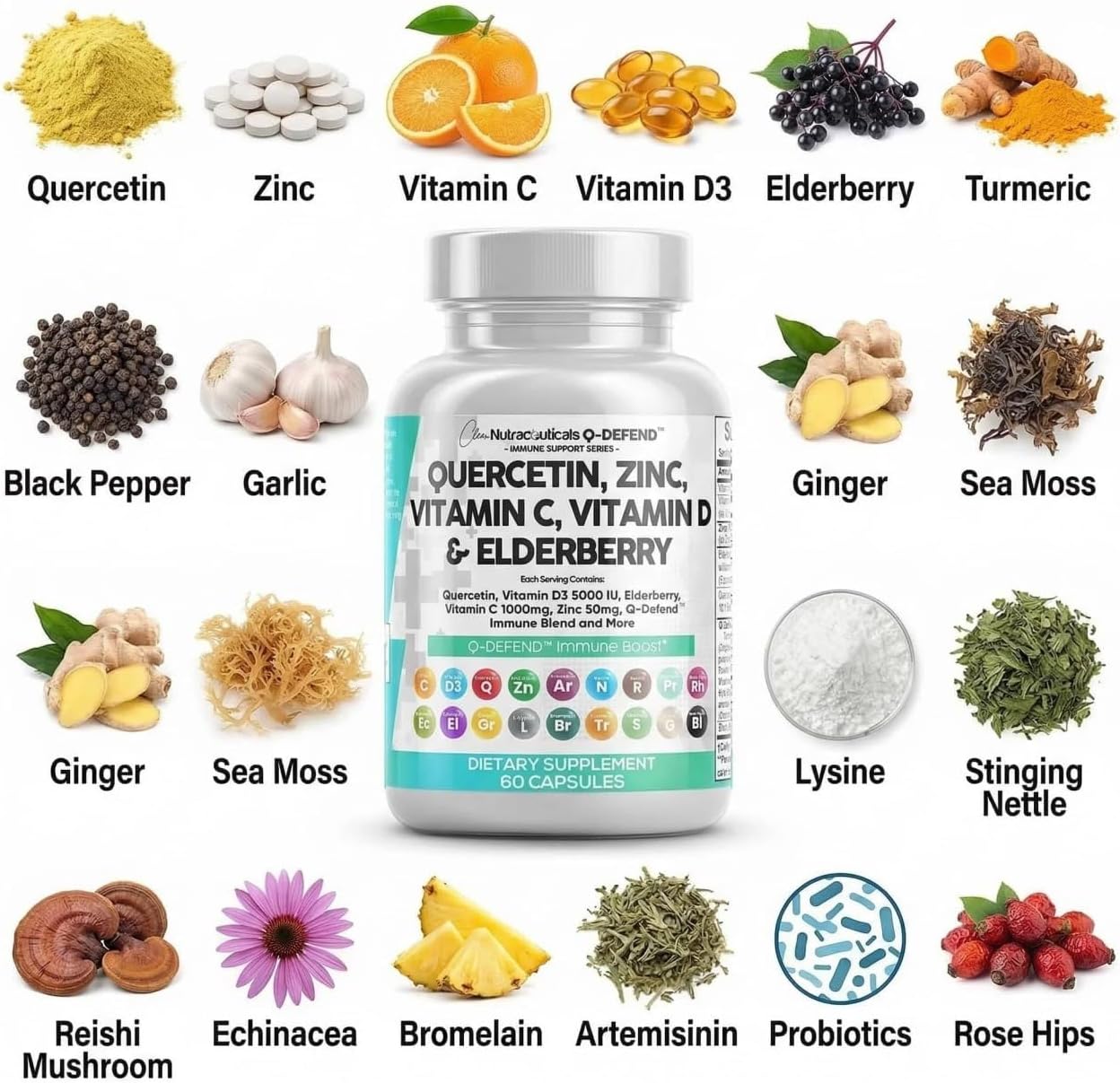 Q Defend Quercetin Supplement with Zinc Vitamin C Vitamin D Elderberry Turmeric Black Pepper Garlic Ginger Sea Moss Lysine Stinging Nettle Reishi Mushroom Immune Support 60 Capsules