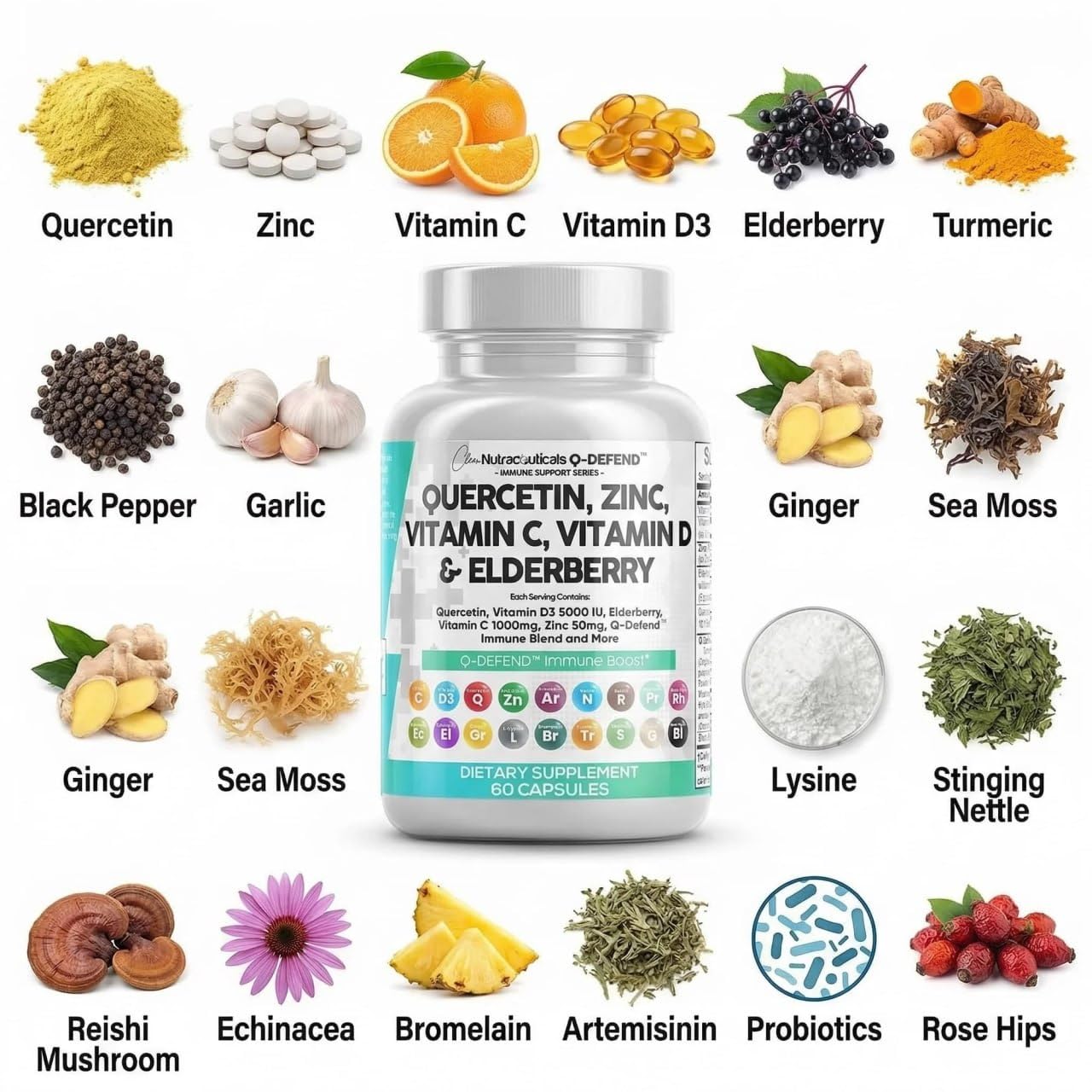 Q Defend Quercetin Supplement with Zinc Vitamin C Vitamin D Elderberry Turmeric Black Pepper Garlic Ginger Sea Moss Lysine Stinging Nettle Reishi Mushroom Immune Support 60 Capsules