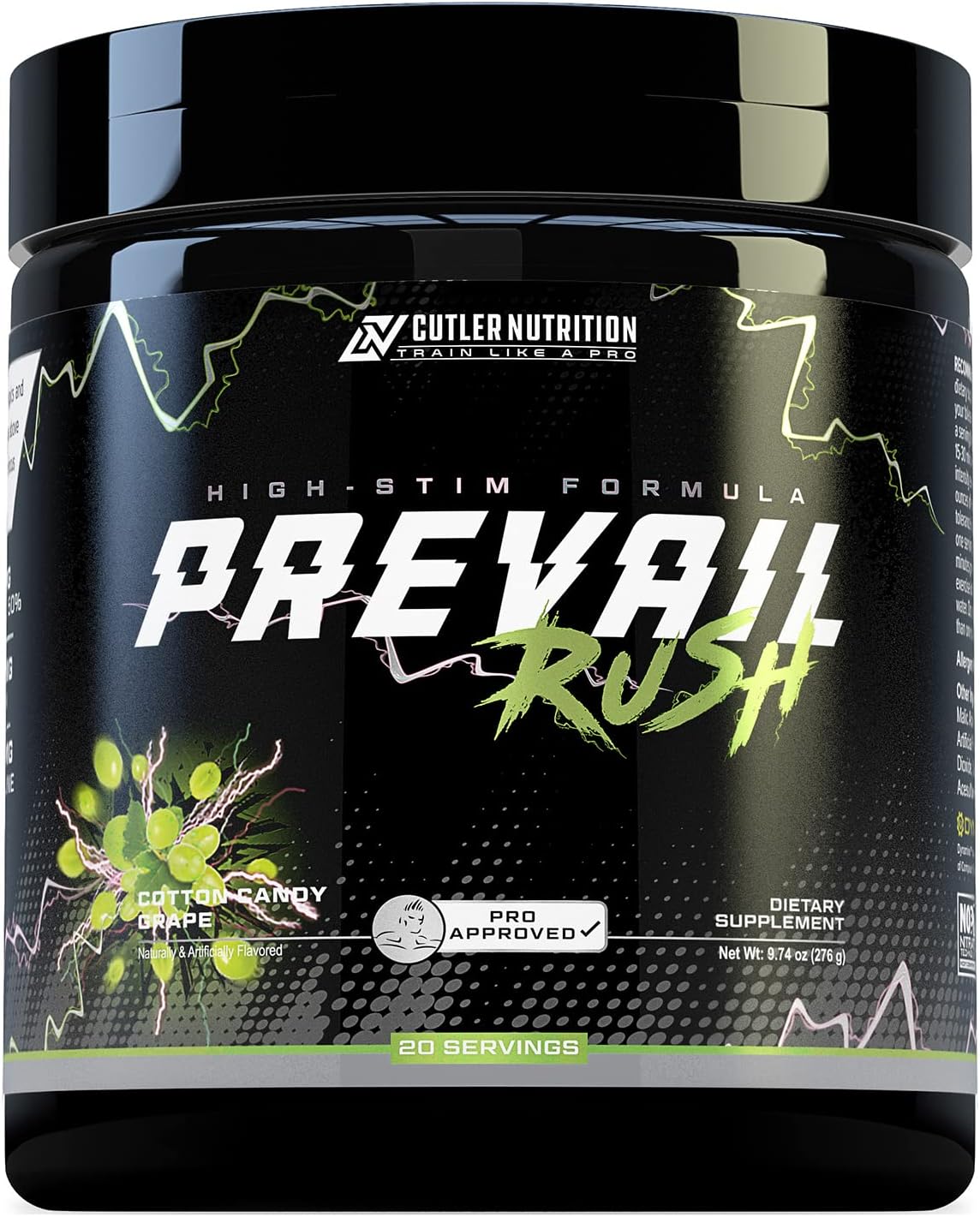 Cutler Nutrition Prevail Rush High-Stim Pre-Workout Powder, 20 Servings | Cotton Candy Grape, 20 Servings | With Caffeine, Dynamine, NO3-T Betaine and Nootropics for Energy, Focus and Muscle Pumps