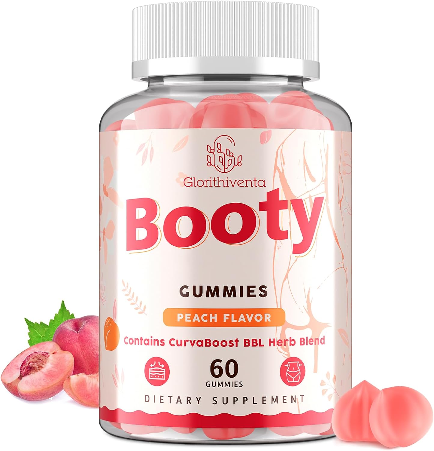 Booty Gummies for Women - BBL Gummies with Creatine Monohydrate, Milk Thistle, Vitamins D3 & Herbal Blend - Zero Sugar, Vegan, Peach Flavor, 60 Counts