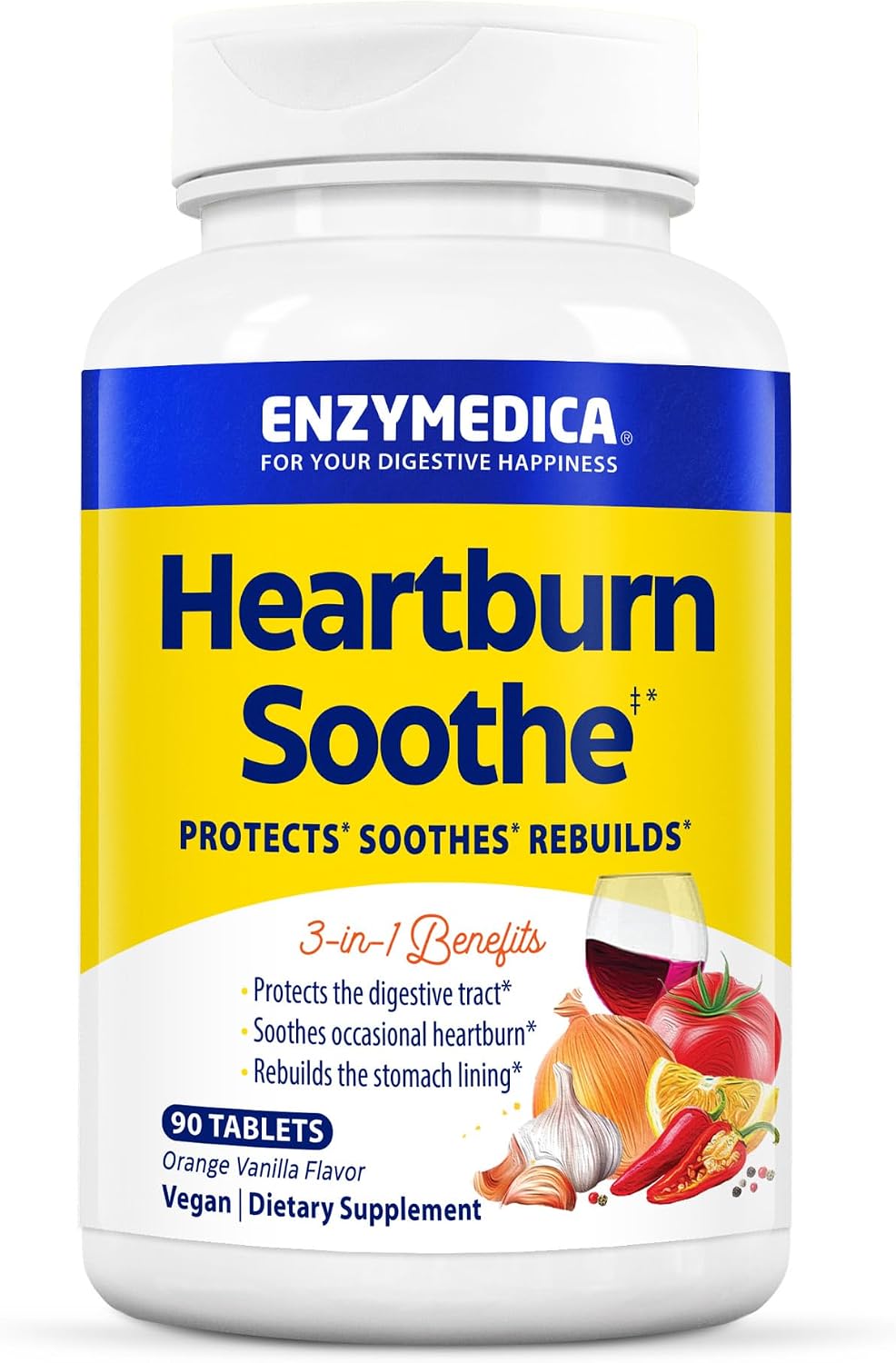 Enzymedica Heartburn Soothe Chewable Supplement - Natural Reflux & Stomach Lining Support, Balances pH Levels with Alginate, Fast-Acting Acid Support for Digestive Health, Vanilla Orange - 90 Tablets