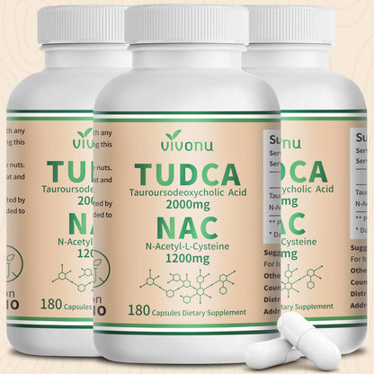 VivoNu TUDCA 625mg + NAC 375mg Supplement Complex Capsules, TUDCA Bile Salt + N Acetyl Cysteine, Antioxidant Supplements for Liver&Lung&Digestion&Gallbladder Cleanse(180 Capsules)