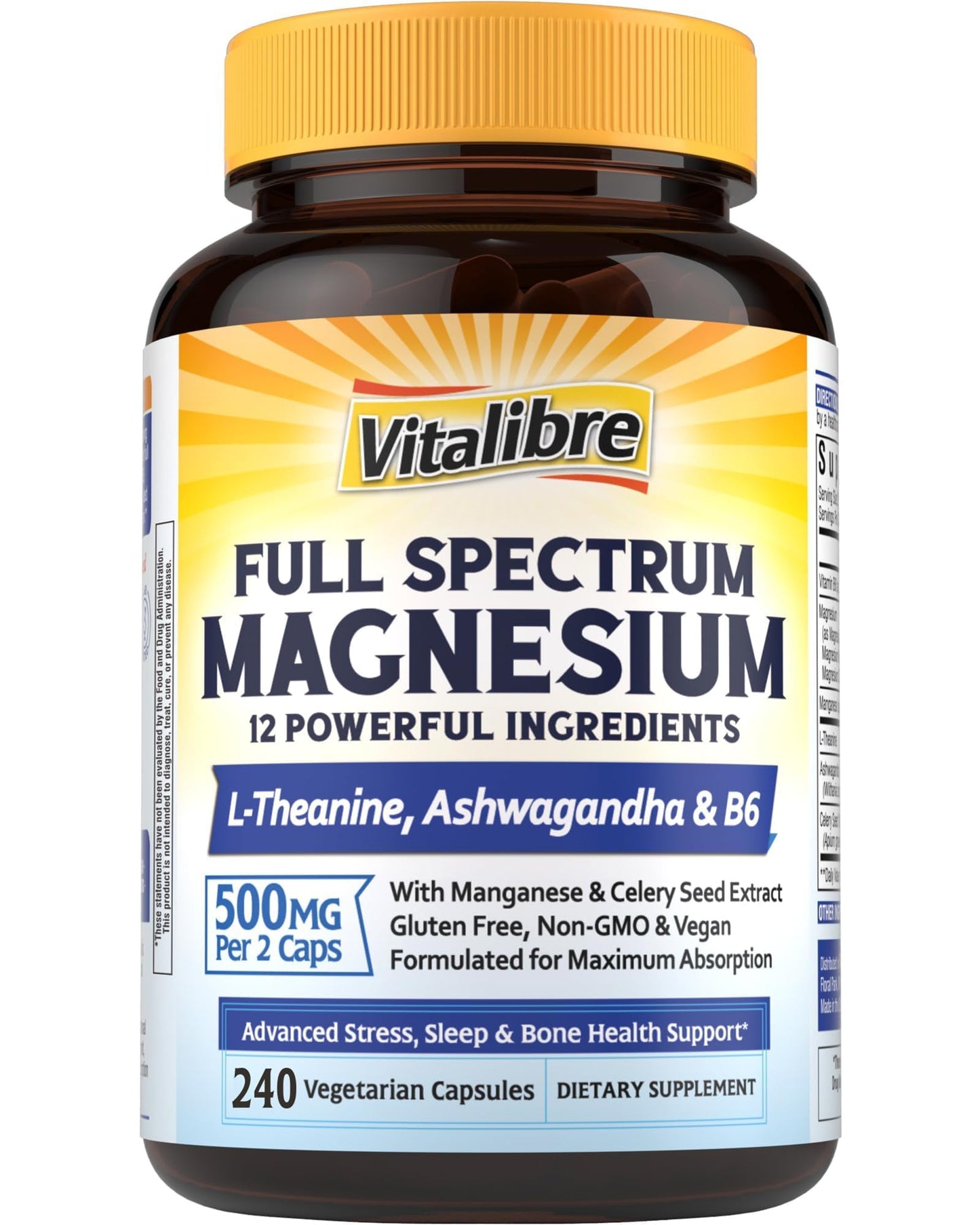 Vitalibre Magnesium Complex 500mg for Women Men, 120 Vegan Capsules | with Ashwagandha, L-Theanine, Vitamin B6 & Celery, High Absorption Magnesium Glycinate, Citrate, Malate, Sleep & Bone Support