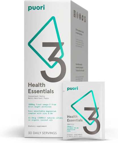 Puori P3 Health Essentials with Magnesium Zinc Complex, Omega 3 Fish Oil & Vitamin D3 Supplements - Men & Womens Daily Multi-Vitamins for Immune System Support & Overall Health - 30 Servings