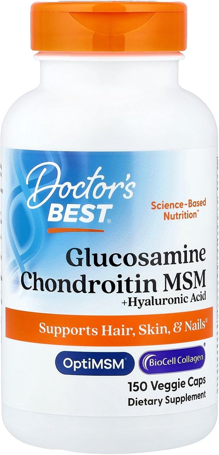 Doctor's Best Glucosamine Chondroitin MSM + Hyaluronic Acid with OptiMSM Featuring Biocell Collagen, Joint Support, Non-GMO, Gluten & Soy Free, 150 Caps