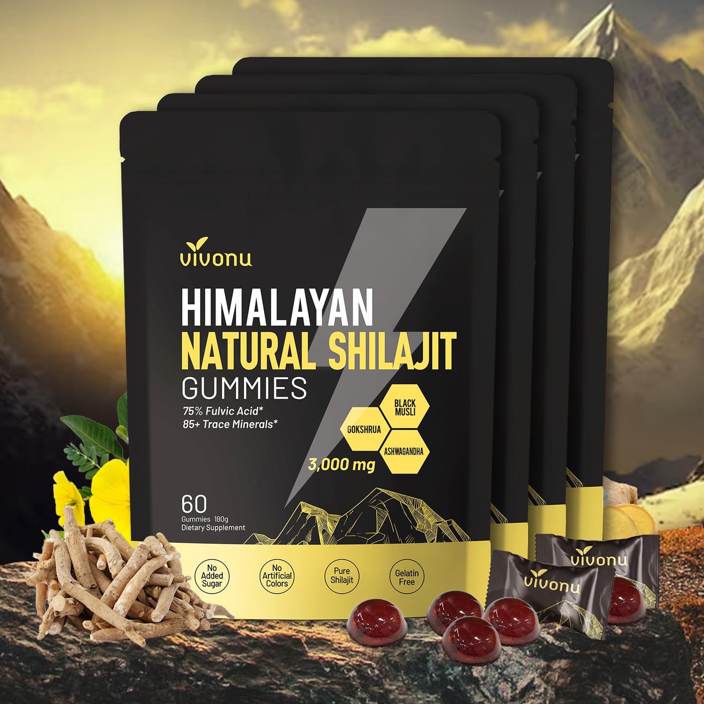VivoNu Shilajit* Gummies,Pure Himalayan* micronutrient Supplement, Himalayan Premium Ingredient with Shilajit, Ashwagandha, Gokshura, Fulvic Acid & 85+ Trace Minerals I for Men & Women (4000MG/1 Bag)