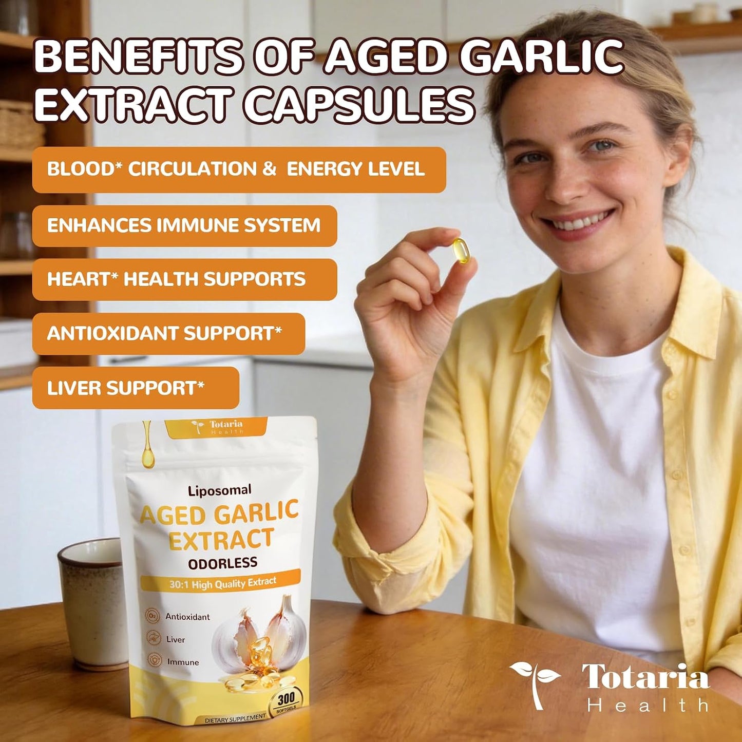 Totaria Liposomal Aged Garlic Extract Capsules - Odorless Aged Garlic with Magnesium,Zinc,Vitamin B,Antioxidant Herbal Blend - Heart & Immune Support - Non-GMO, Gluten Free,300 Softgels