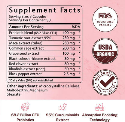 Menopause Relief - Probiotics for Women, 68.2 Billion CFU, Turmeric, Maca & Black Cohosh - Supports Gut Health, Hormone Balance, Weight Management, Joint Health, Hot Flash Support,90 Capsules