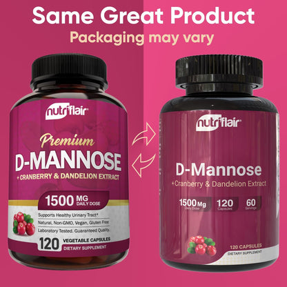 NutriFlair D-Mannose 120 Capsules, 1500mg - with Cranberry and Dandelion Extract - Natural Urinary Tract Health UTI Support - Best D Mannose Powder - Flush Impurities, Detox Body, for Women and Men