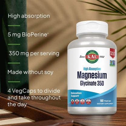 KAL Magnesium Glycinate, New & Improved Fully Chelated High Absorption Formula with BioPerine, Bisglycinate Chelate for Stress, Relaxation, Muscle & Bone Health Support, 60 Servings, 240 VegCaps