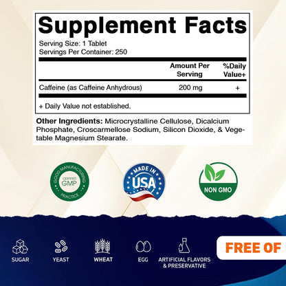 Vitamatic Caffeine Pills 200mg per Serving, 250 Vegetarian Tablets | Support Energy Support & Endurance Performance*, Non GMO, Gluten Free, Made in USA