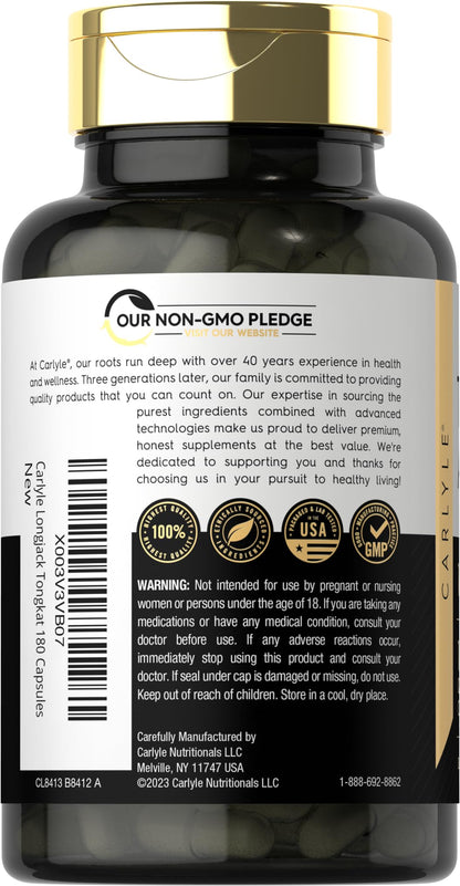 Carlyle Tongkat Ali | 180 Quick Release Capsules | 1,600mg | Non-GMO and Gluten Free