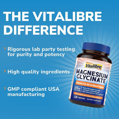Vitalibre Magnesium Glycinate 420mg with Vitamin D3 B6, 120 Vegan Capsules | Chelated & Buffered Magnesium Supplement | High Absorption for Nerve, Bone, Heart, Mood, Sleep Support, Non-GMO