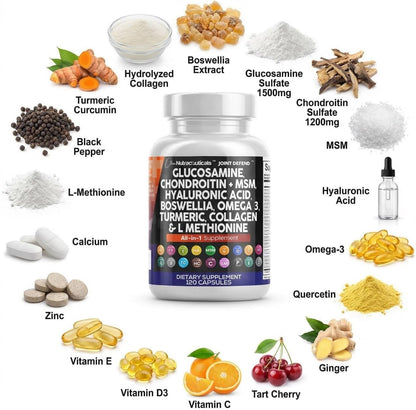 Clean Nutraceuticals Glucosamine 1500mg Chondroitin 1200mg MSM with Turmeric Curcumin, Collagen, Hyaluronic Acid, Omega 3 – Joint Health Supplement for Men & Women – Joint Complex – 120 Count