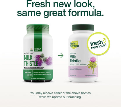 Fresh Nutrition Organic Milk Thistle Supplement - Potent Strength – 4 Month Supply – Silymarin Thistle Seed Standardized Extract 4:1 - Made in The USA - 120 Capsules