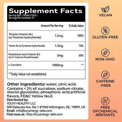 OxyEnergy Liquid L-Carnitine Supplement 1000mg - Gentle for Daily Use, Zero Calorie, Sugar-Free, Stim-Free Fat Burning & Endurance Booster, 21 On-the-Go Individual Liquid Sticks