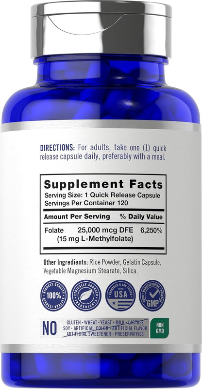 Carlyle L Methylfolate 15mg | 120 Capsules | Value Size | Max Potency | Optimized and Activated | Non-GMO, Gluten Free Supplement | Methyl Folate, 5-MTHF | by Opti-Folate