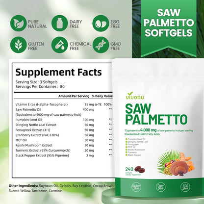 VivoNu Saw Palmetto Capsules Extract 8 in 1, Pumpkin Seed Oil - Supports Prostate Health, Relieves Urination Issues, Supports Hair Growth, DHT Blocker 240 Softgels