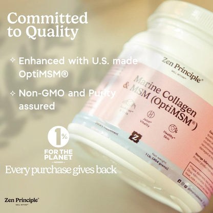 Zen Principle Marine Collagen Peptides Powder with OptiMSM® Supplement. Supports Skin Health & Appearance in Women. Wild-Caught Fish, Non-GMO. Hydrolyzed Type 1, 2, 3 & 4 Collagen, 16 oz.