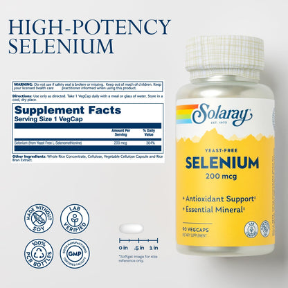 Solaray Yeast Free Selenium 200mcg, Selenium Capsules for Healthy Thyroid Function & Immune Support, High Absorption Supplement, Vegan, 90 Servings, 90 VegCaps