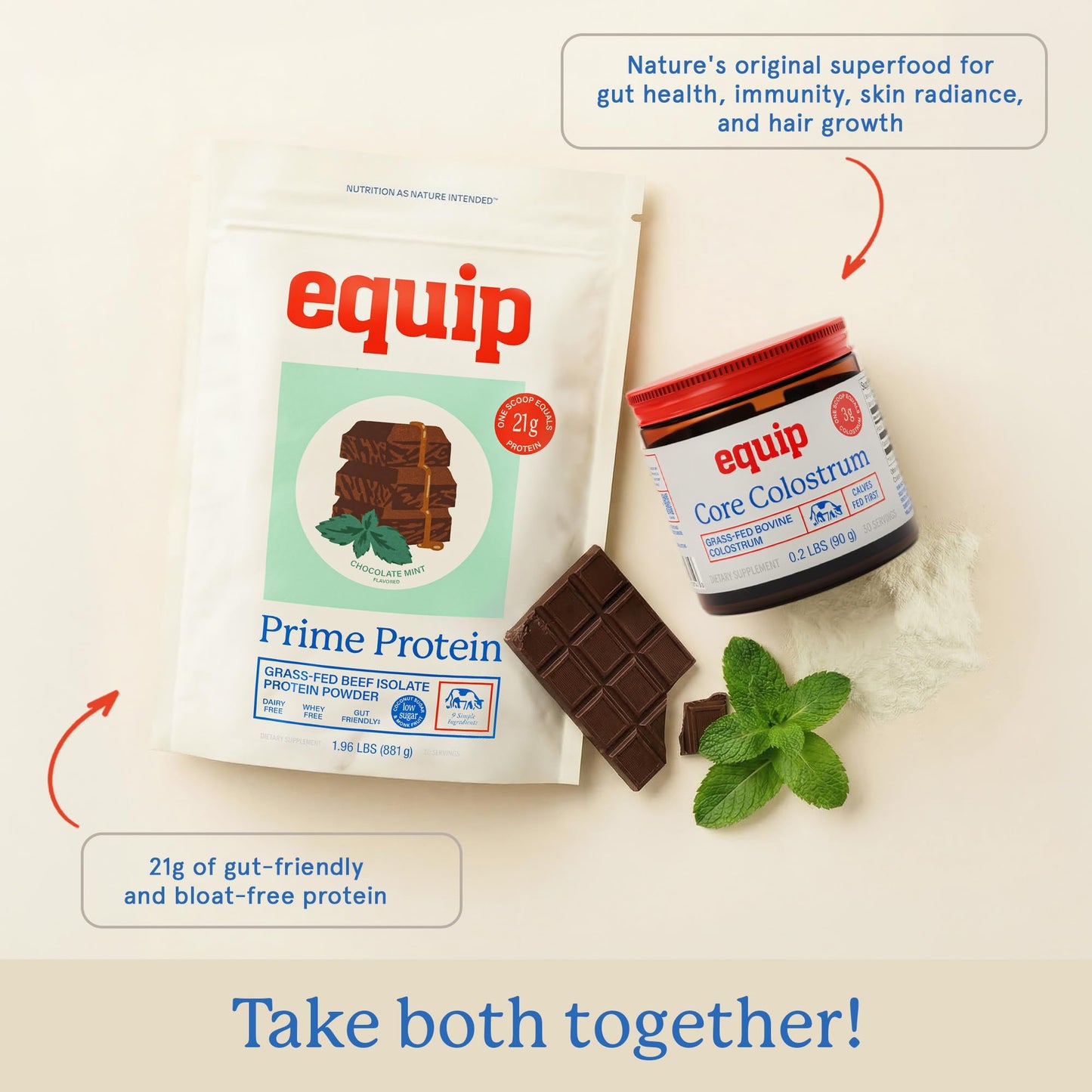 Equip Prime Chocolate Protein Powder - Gut-Friendly, No Sugar Protein Shake Powder with Grass-Fed Beef & Natural Collagen - Rich & Creamy Mix - 21g Per Serving - Whey & Dairy-Free (30 Scoops)
