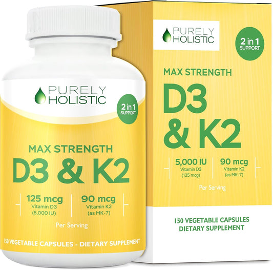 Vitamin D3 K2, 150 Servings, 5000iu D3 + 90mcg K2, Bone & Immune Support | Energy & Heart Health Support, High Absorption & Non-GMO, Once-Daily Vitamin Supplement, 150 D3K2 Capsules (5 Month Supply)