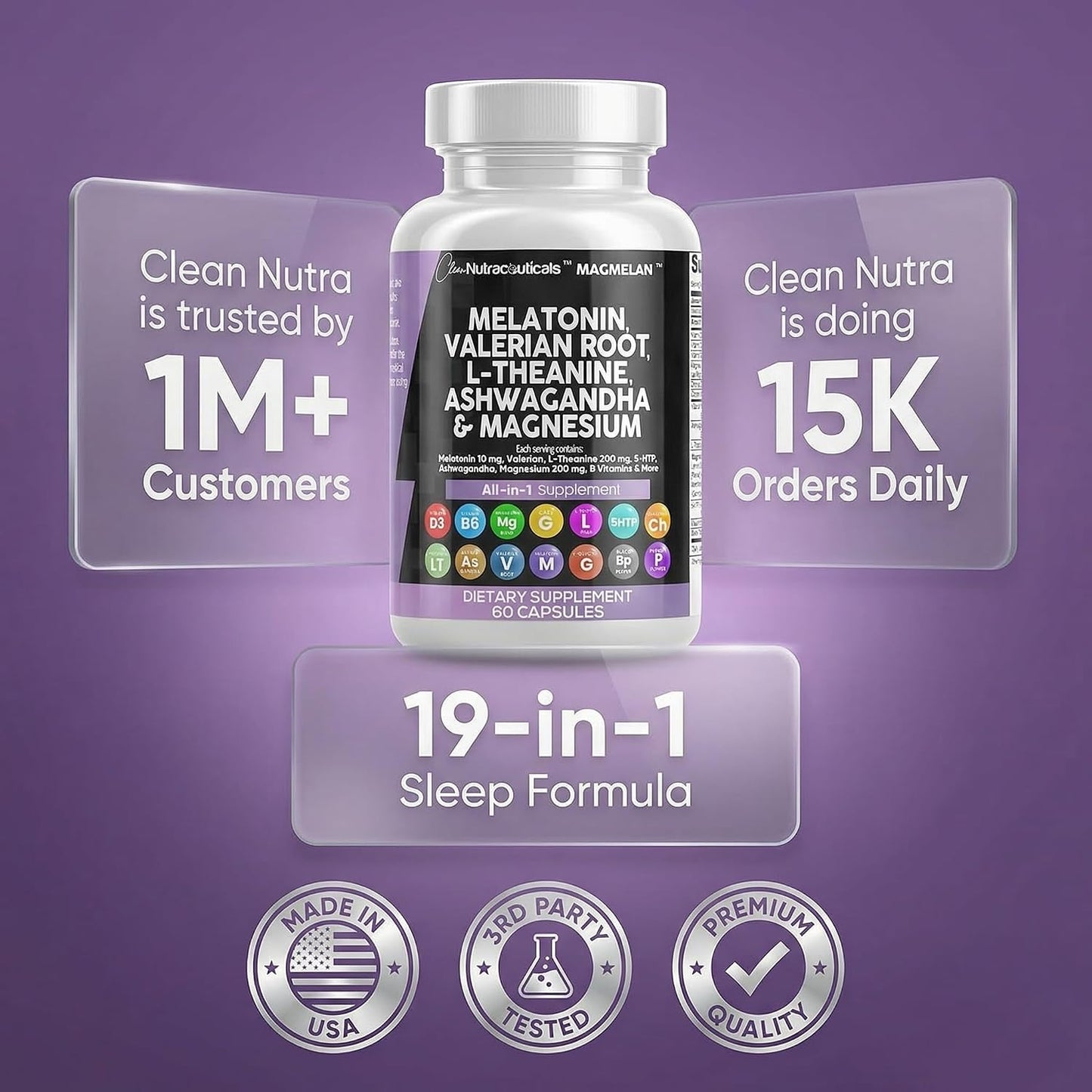Clean Nutraceuticals Melatonin 10mg Valerian Root L Theanine 200mg Ashwagandha - Sleep Support for Women & Men with Magnesium Complex, Lemon Balm, Chamomile, & Passion Flower - 60 Caps