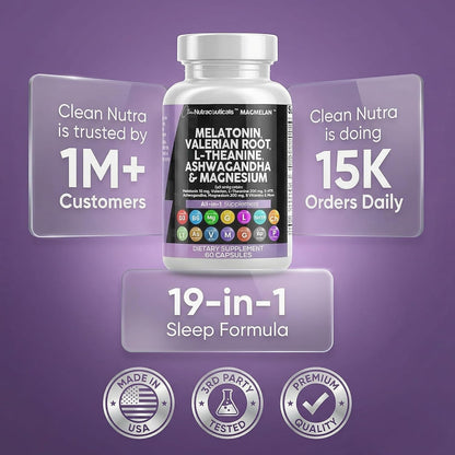 Clean Nutraceuticals Melatonin 10mg Valerian Root L Theanine 200mg Ashwagandha - Sleep Support for Women & Men with Magnesium Complex, Lemon Balm, Chamomile, & Passion Flower - 60 Caps