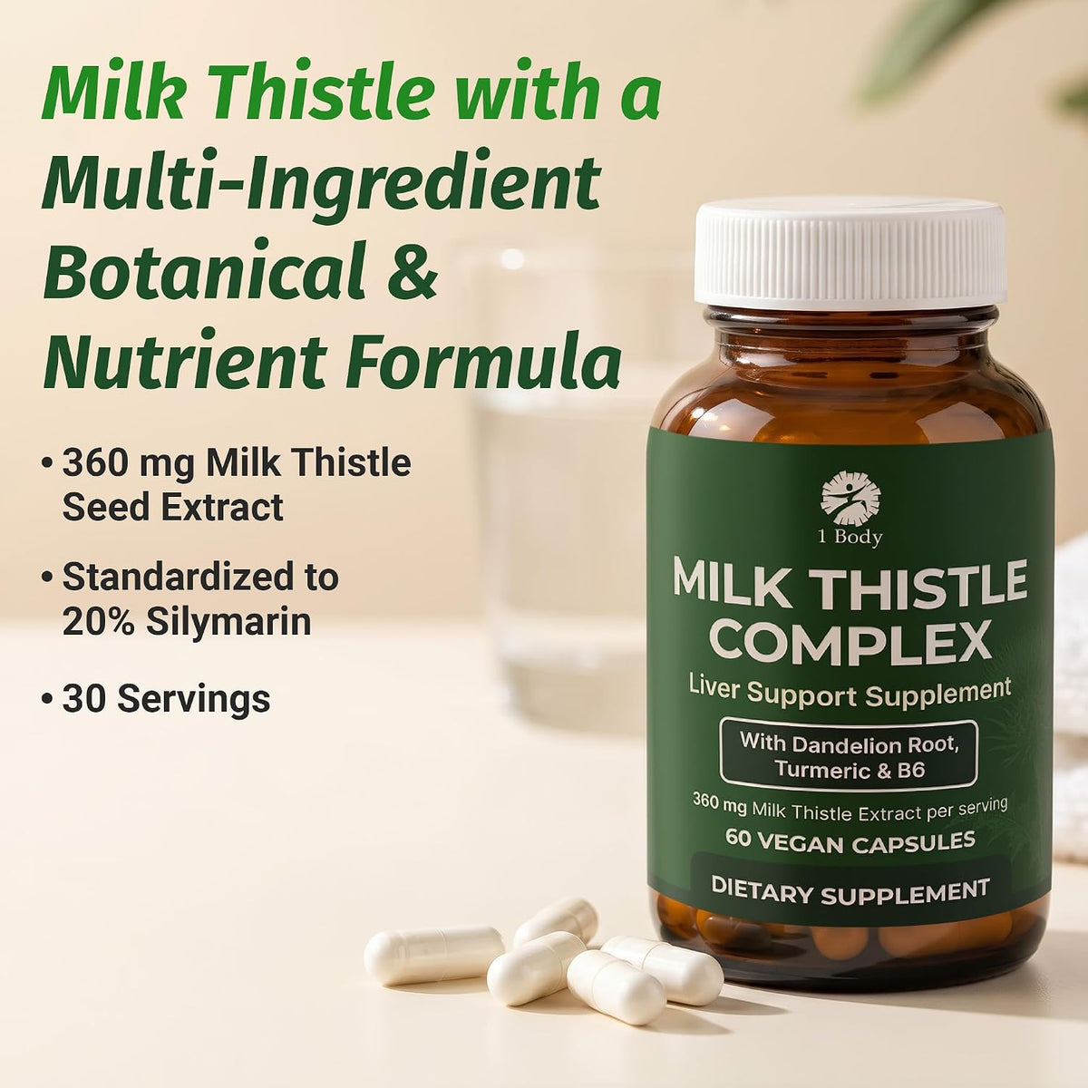 1 Body Milk Thistle Complex, Liver Support, 60 Vegan Capsules, 30 Servings