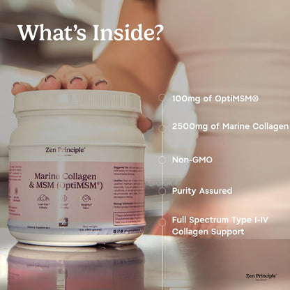 Zen Principle Marine Collagen Peptides Powder with OptiMSM® Supplement. Supports Skin Health & Appearance in Women. Wild-Caught Fish, Non-GMO. Hydrolyzed Type 1, 2, 3 & 4 Collagen, 16 oz.