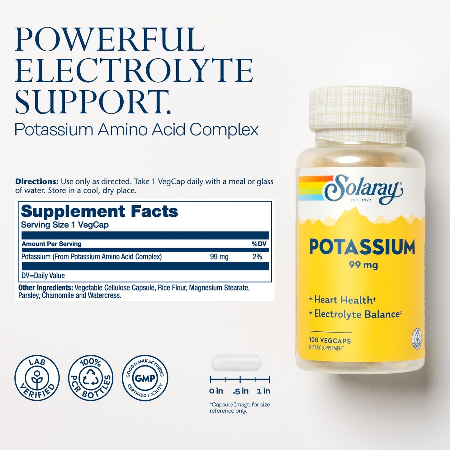 SOLARAY Potassium 99 mg - Electrolyte Balance Formula - Potassium Supplement for Electrolytes, Vascular and Heart Health Support, Lab Verified, 200 Servings, 200 VegCaps