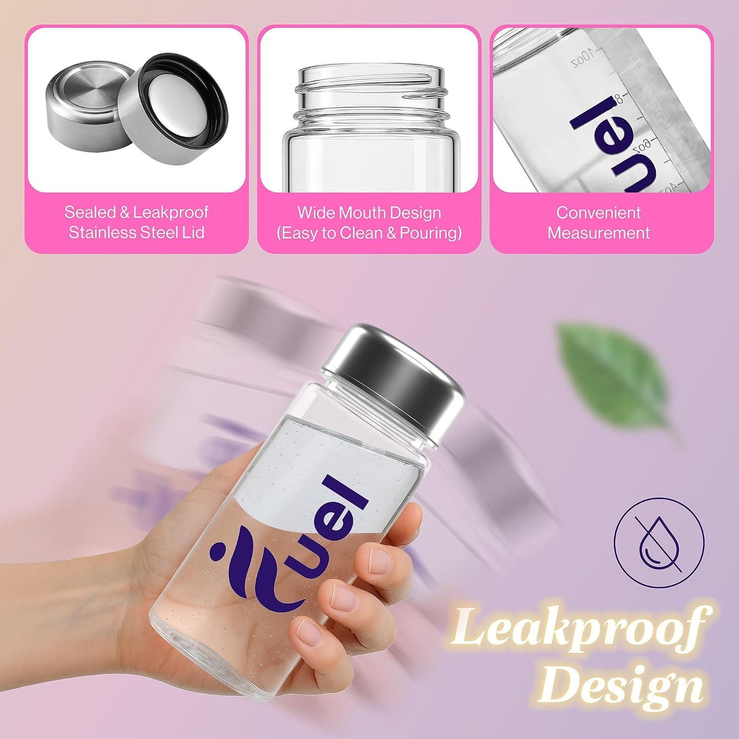 Fuel Protein Shaker Bottle with Metal Lid, Sports Water Bottle, Leak Proof Plastic Water Bottles BPA Free, Reusable, Dishwasher Safe, Perfect for Travel, School, Outdoors, Gym and Fitness Sports