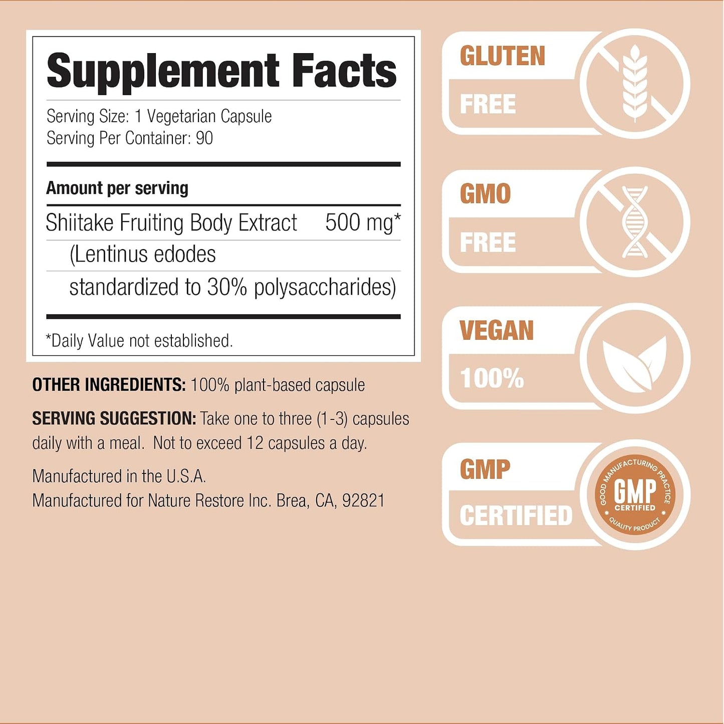 Nature Restore Shiitake Mushroom Extract Supplement, 90 Capsules, High 30% Polysaccharide Concentration, Non-GMO, Gluten Free