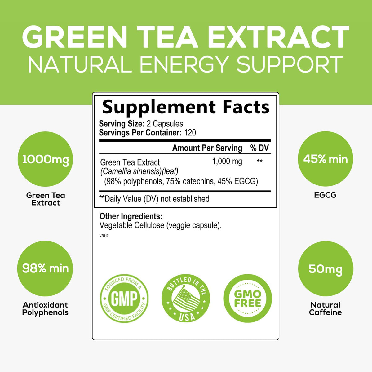Green Tea Extract Capsules 1000mg 98% Standardized EGCG - 3X Strength for Natural