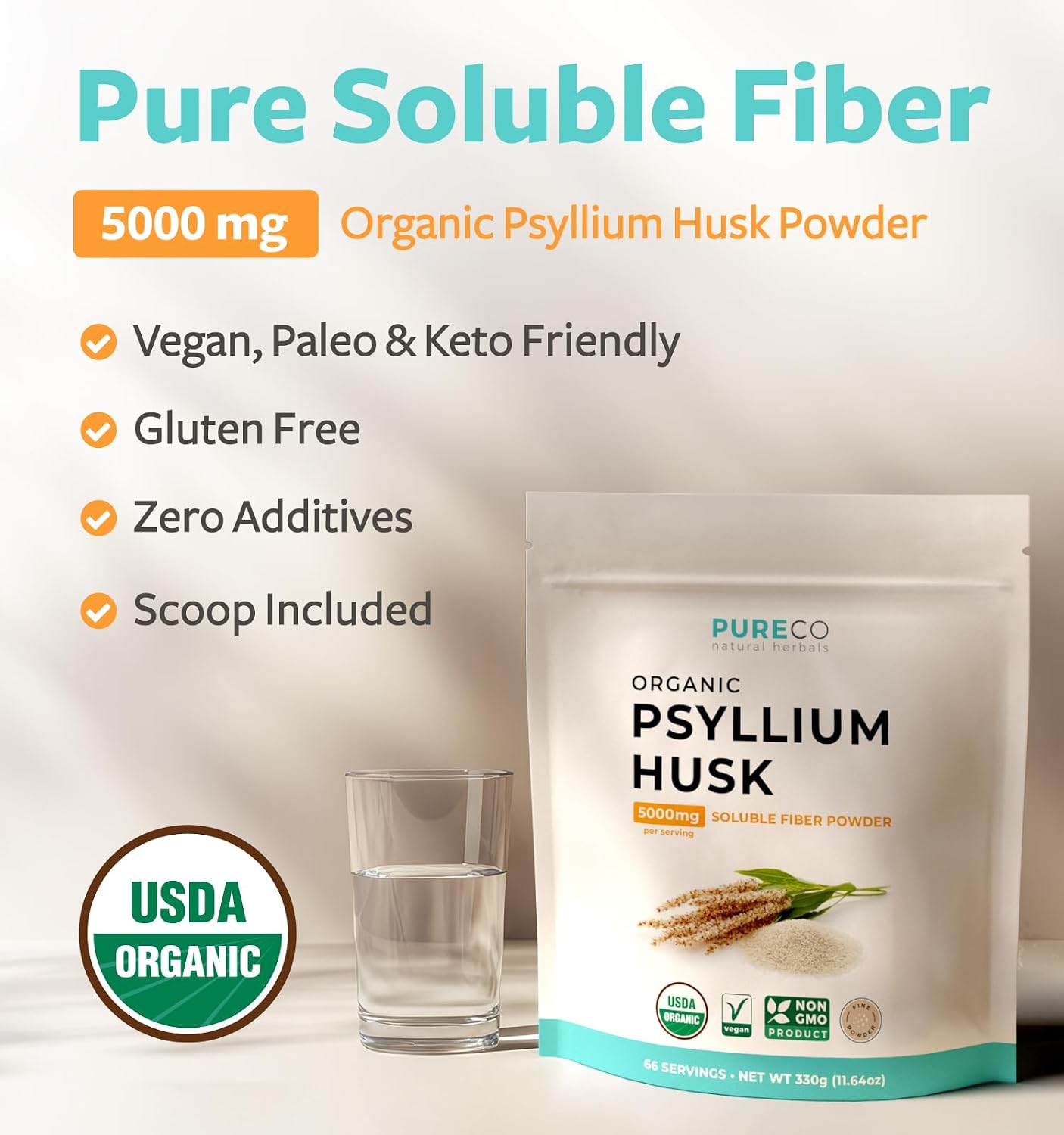 Psyllium Husk Powder Organic Certified - Finely Ground Whole Psyllium Husk Organic Fiber Powder for Baking Smoothies & More - Vegan Gluten Free Non-GMO & Filler Free Soluble Fiber (66 Servings)