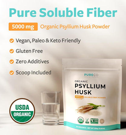 Psyllium Husk Powder Organic Certified - Finely Ground Whole Psyllium Husk Organic Fiber Powder for Baking Smoothies & More - Vegan Gluten Free Non-GMO & Filler Free Soluble Fiber (66 Servings)