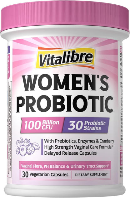Vitalibre Probiotics for Women 30 Strains, 100B CFUs Vaginal Probiotics | with Digestive Enzymes, Prebiotics & Cranberry for Urinary Tract Health, pH Balance, 30 Veggie Capsules