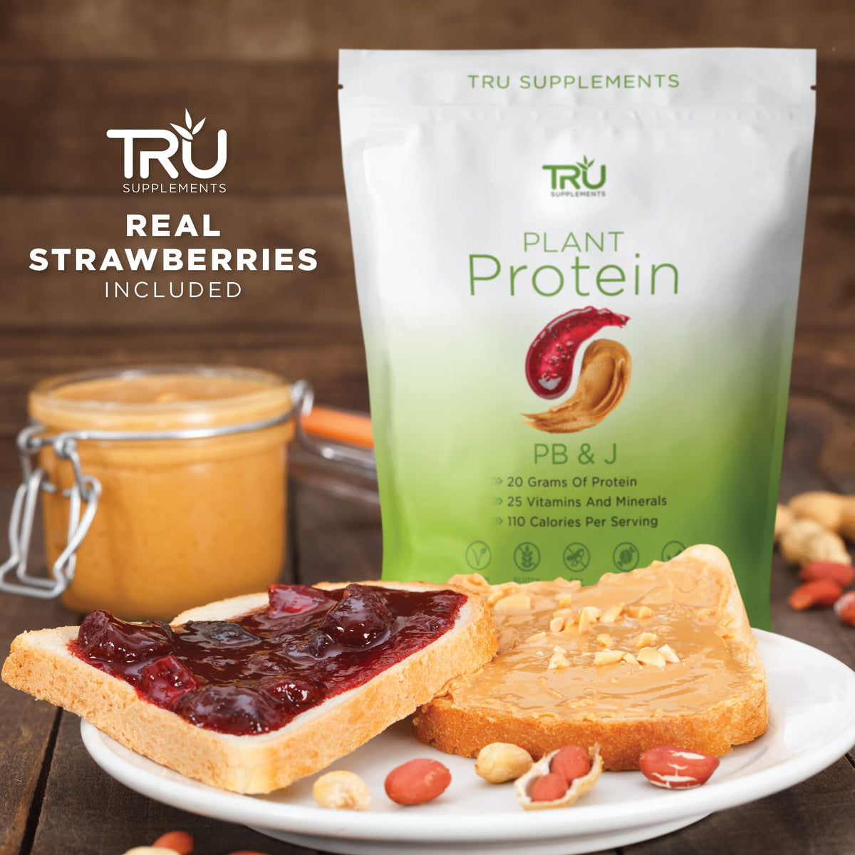 TRU Plant Based Protein Powder, BCAA, EAA, 20g Vegan Protein, 100 Calories, 27 Vitamins