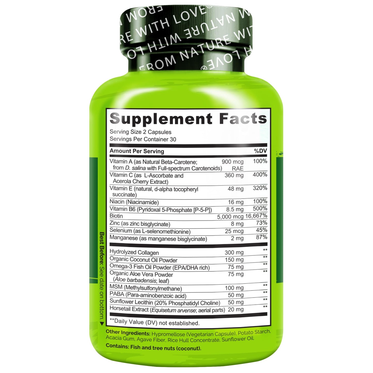 NATURELO Hair, Skin and Nails Vitamins - 5000 mcg Biotin, Collagen, Natural Vitamin E - Supplement for Healthy Skin, Hair Growth for Women and Men – 60 Capsules