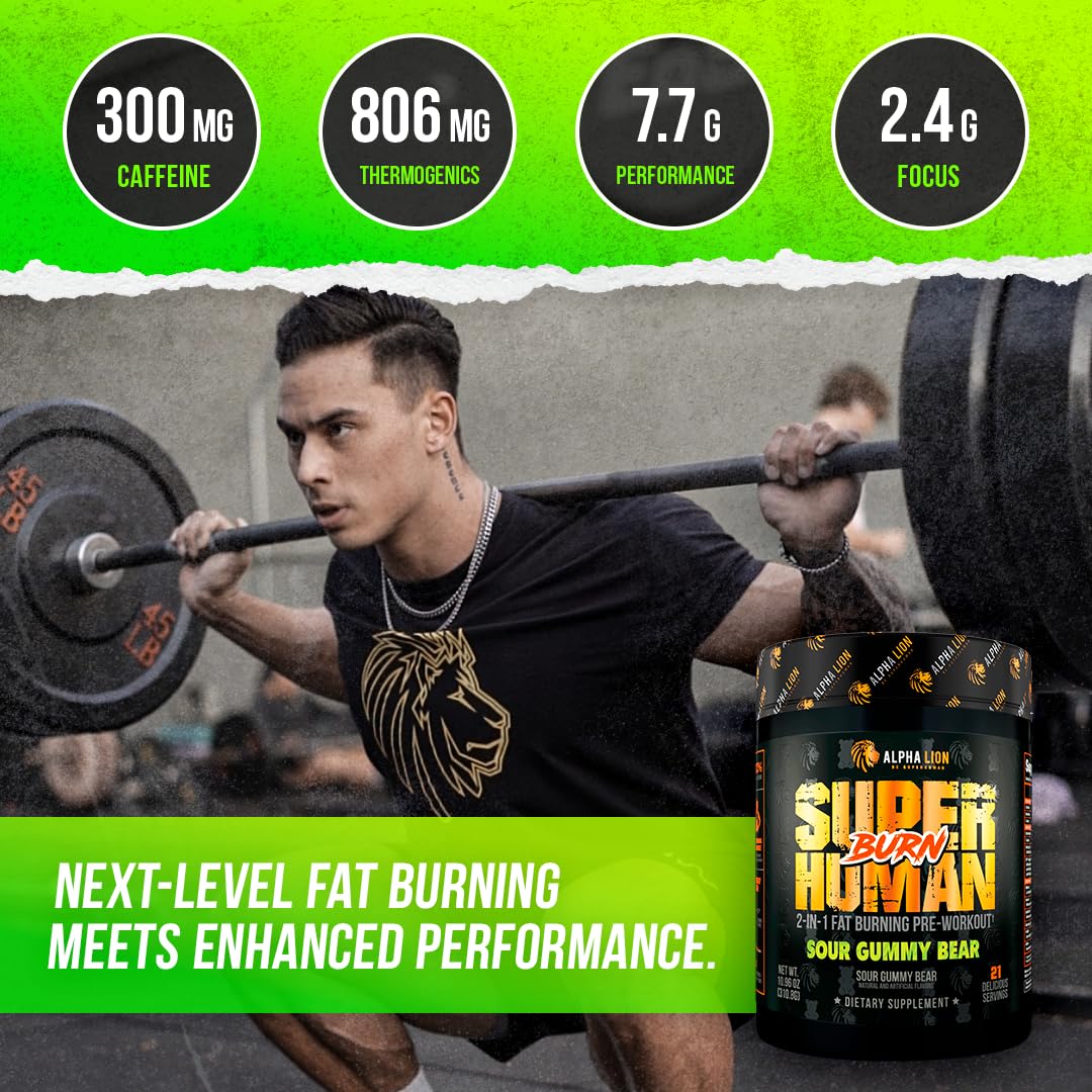 ALPHA LION Superhuman Burn – 2 in 1 Metabolism Booster Pre Workout and Thermogenic Fat Burner for Men – Appetite Suppressant and Weight Loss Supplement (21 Servings, Sweet Black Cherry Flavor)
