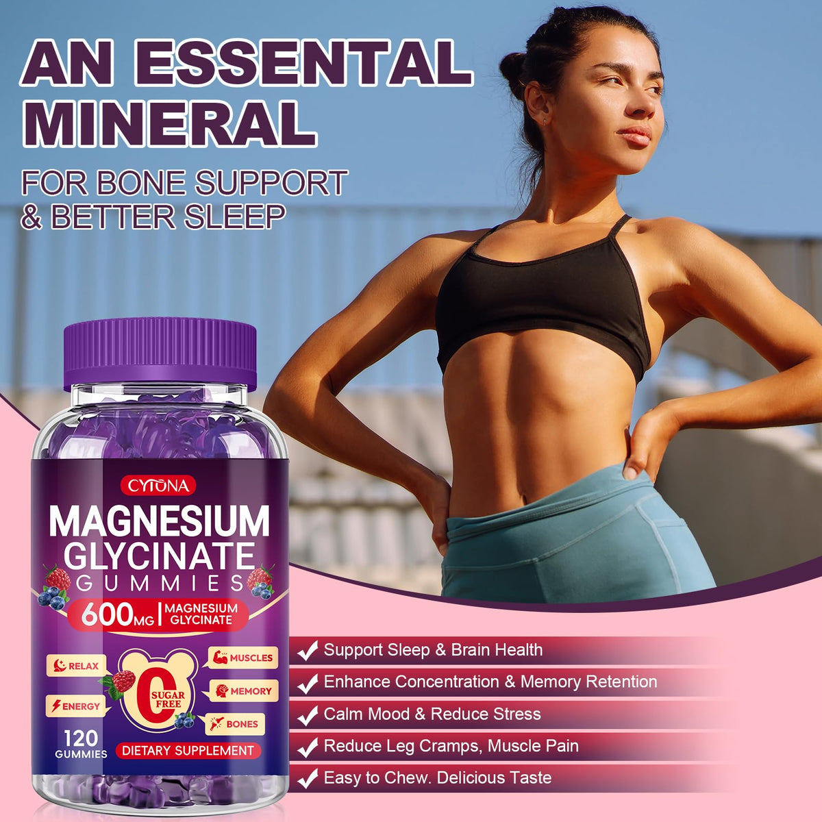 Magnesium Glycinate Gummies 600mg, Sugar Free Magnesium Gummies for Adults
